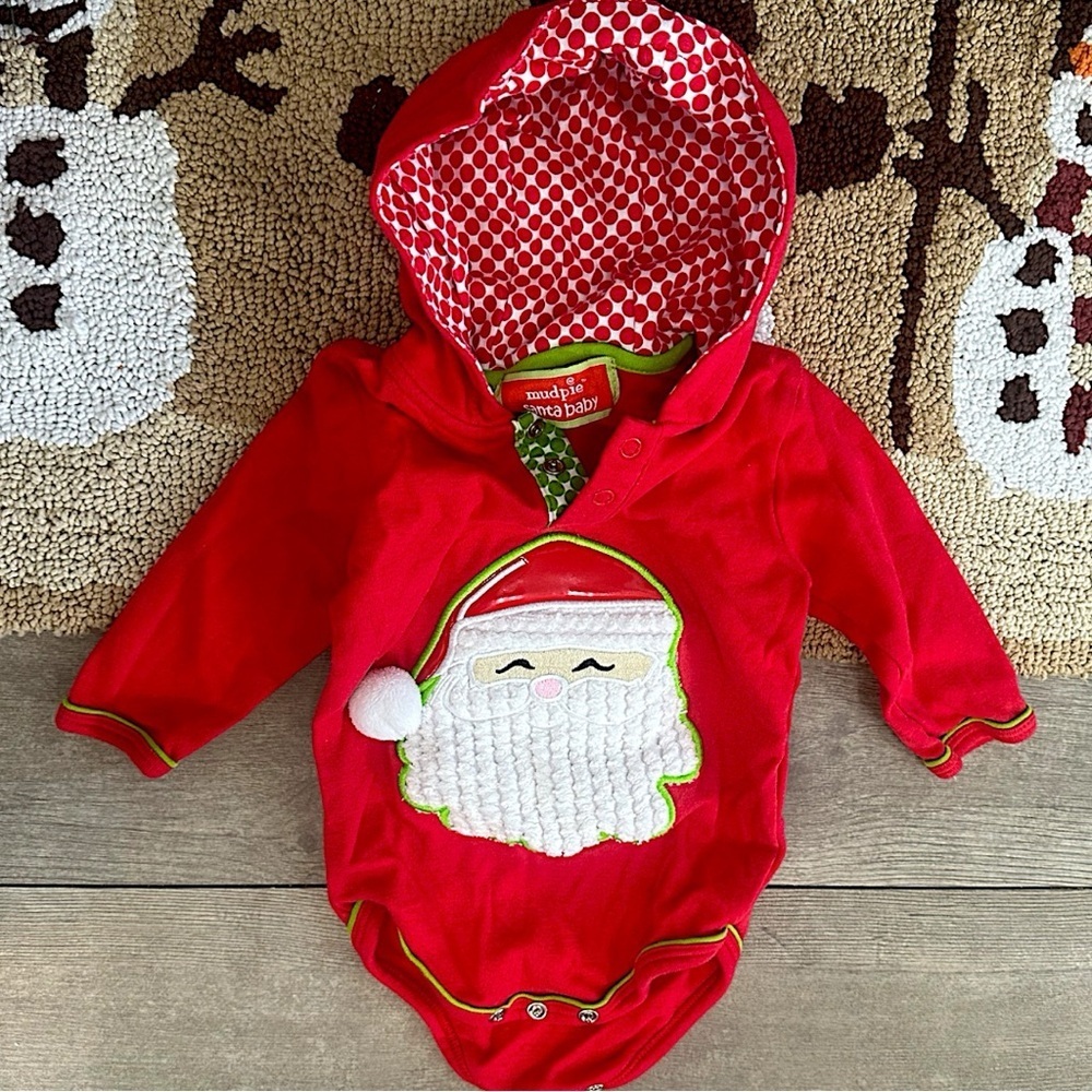 Mud Pie Baby Girl Christmas One Piece 3D Santa Clause Hooded 0-6 Months